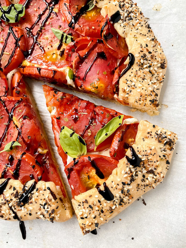 close up shot of a slice of tomato galette 