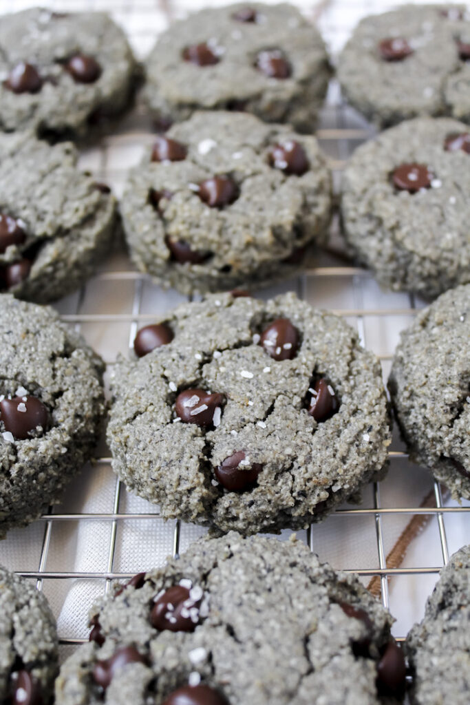 angled picture of the black sesame chocolate chip cookies