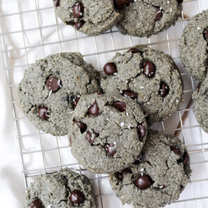 black sesame chocolate chip cookies in a pile