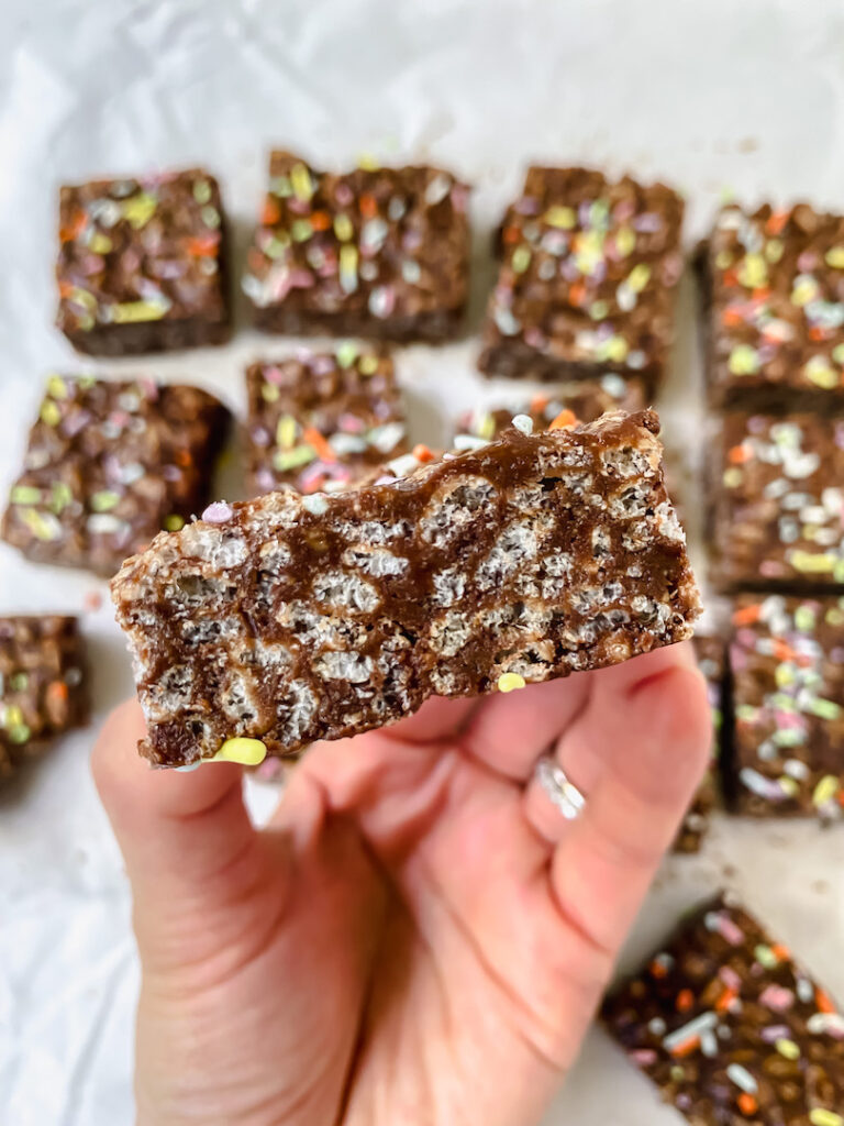 close up side shot of chocolate protein rice crispy treat