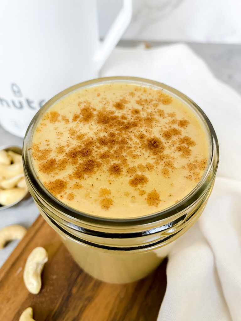 angled shot of the hot pumpkin spice maple cashew milk