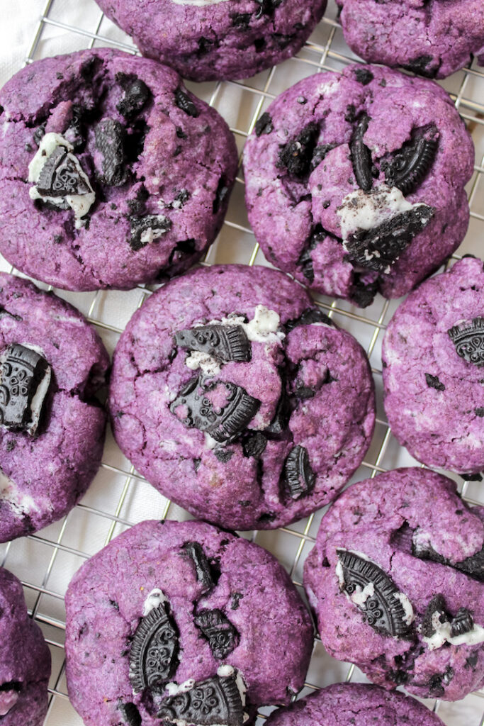 overview of vegan cookies and cream ube cookies