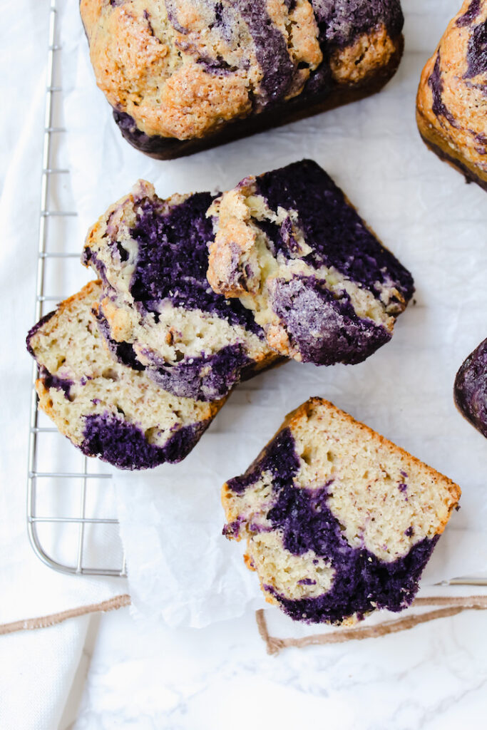 picture of sliced ube mini banana bread 