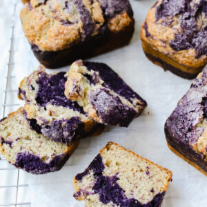 angled shot of sliced marbled ube mini banana bread