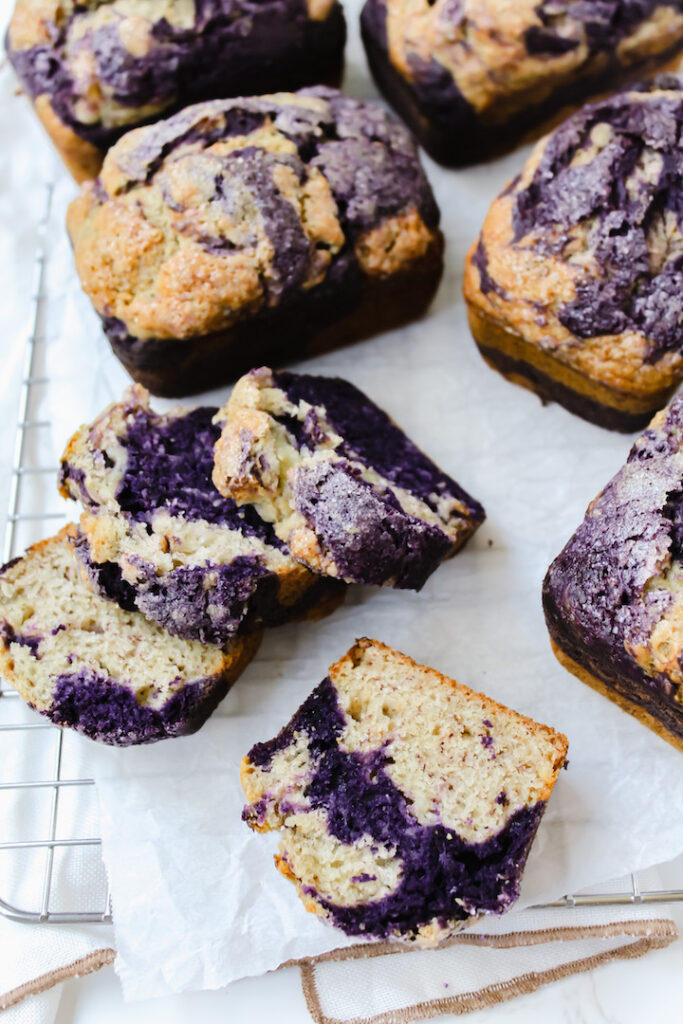 angled shot of sliced marbled ube mini banana bread