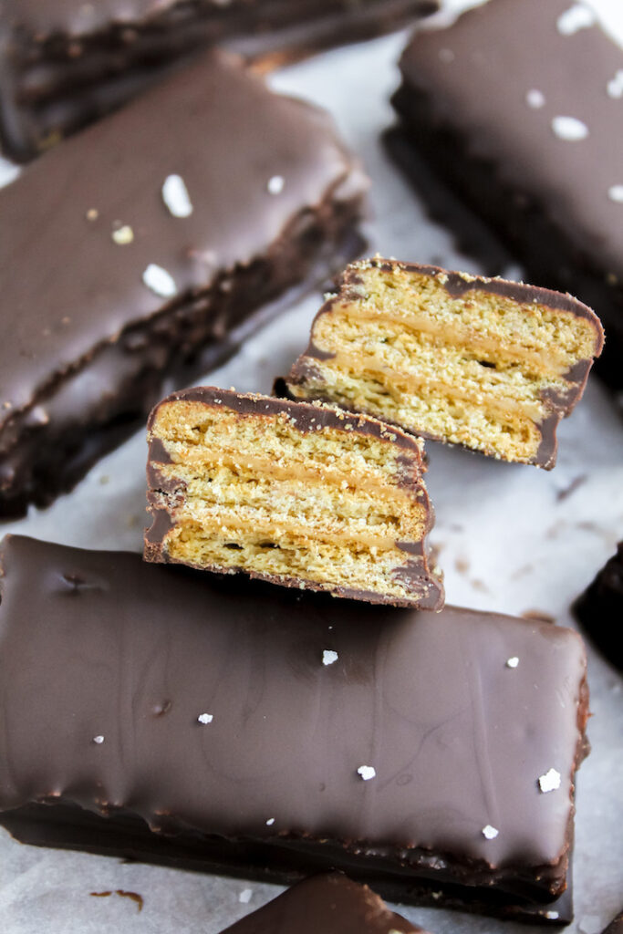 close up of a kit kat bar cut in half