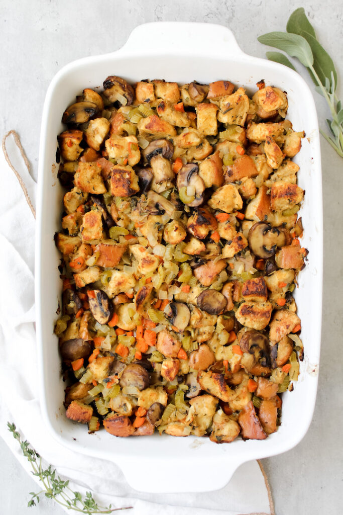 overview shot of the entire pan of the best vegan stuffing ever