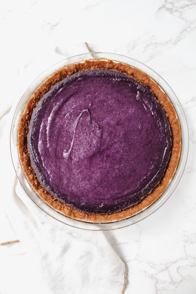 overview shot of ube pie with no coconut whip