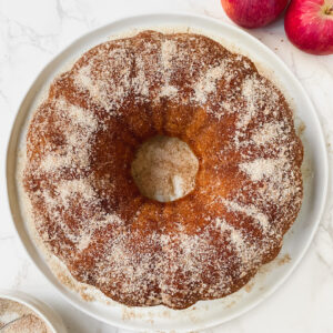 overview shot of entire apple cider donut bundt cake