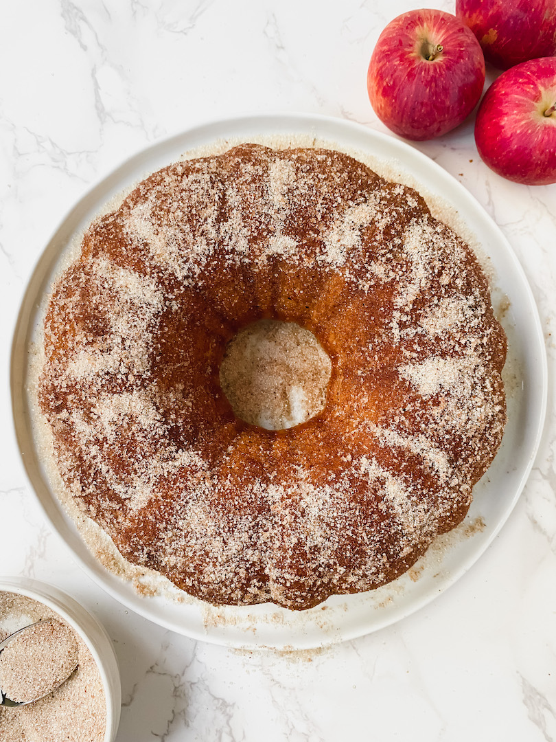 overview shot of entire apple cider donut bundt cake