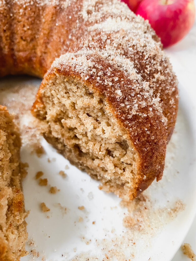 close up of the inside of apple cider donut bundt cake