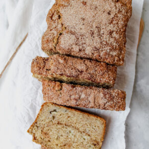 overview shot of sourdough snickerdoodle banana bread