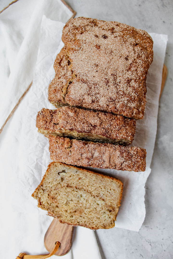 overview shot of sourdough snickerdoodle banana bread