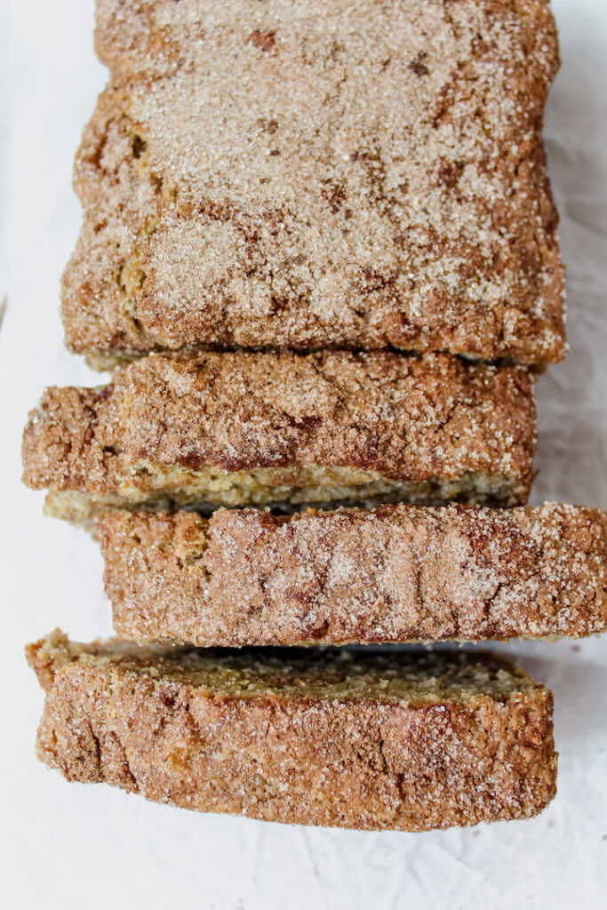 close up top shot of slices of banana bread