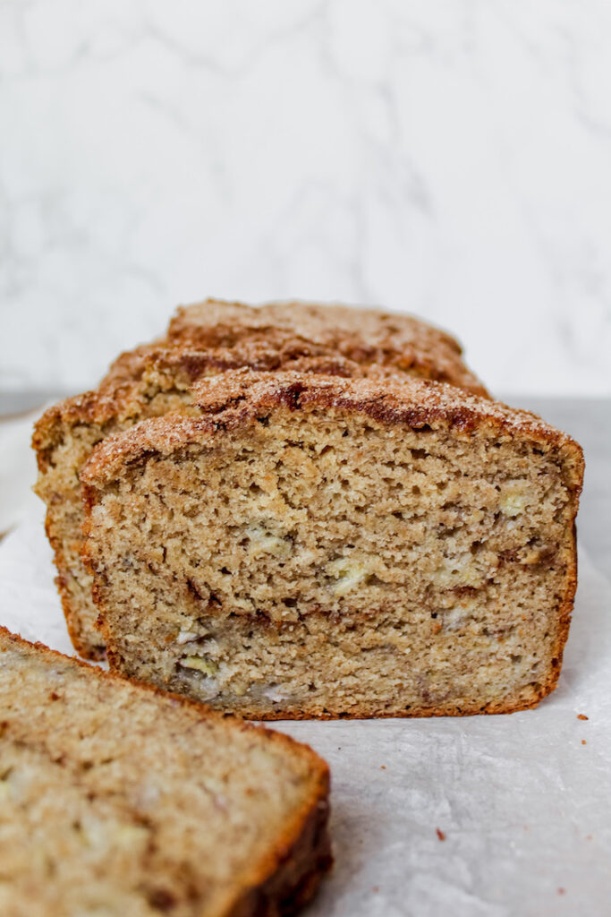 picture of the texture of a slice of snickerdoodle banana bread