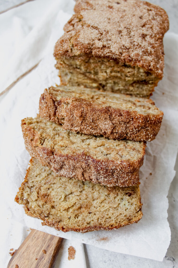 three slices of banana bread laying on each other