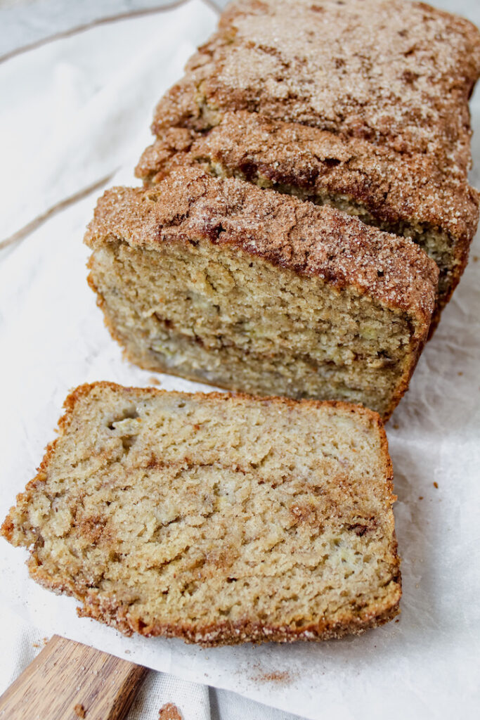 one slice of banana bread laying flat 