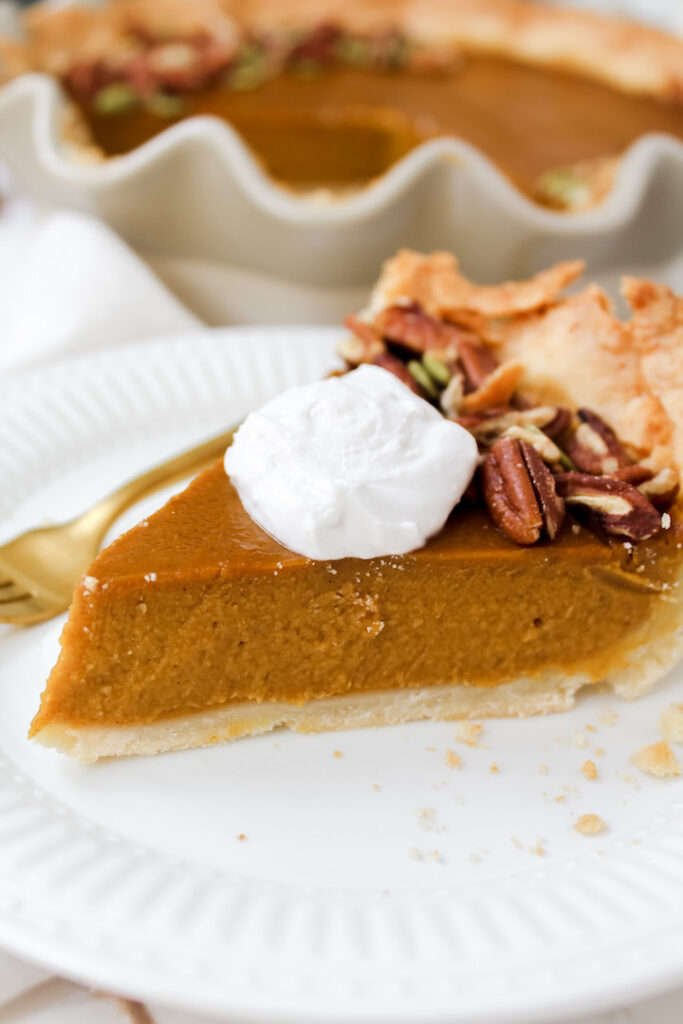 side view of a slice of the best healthy vegan pumpkin pie