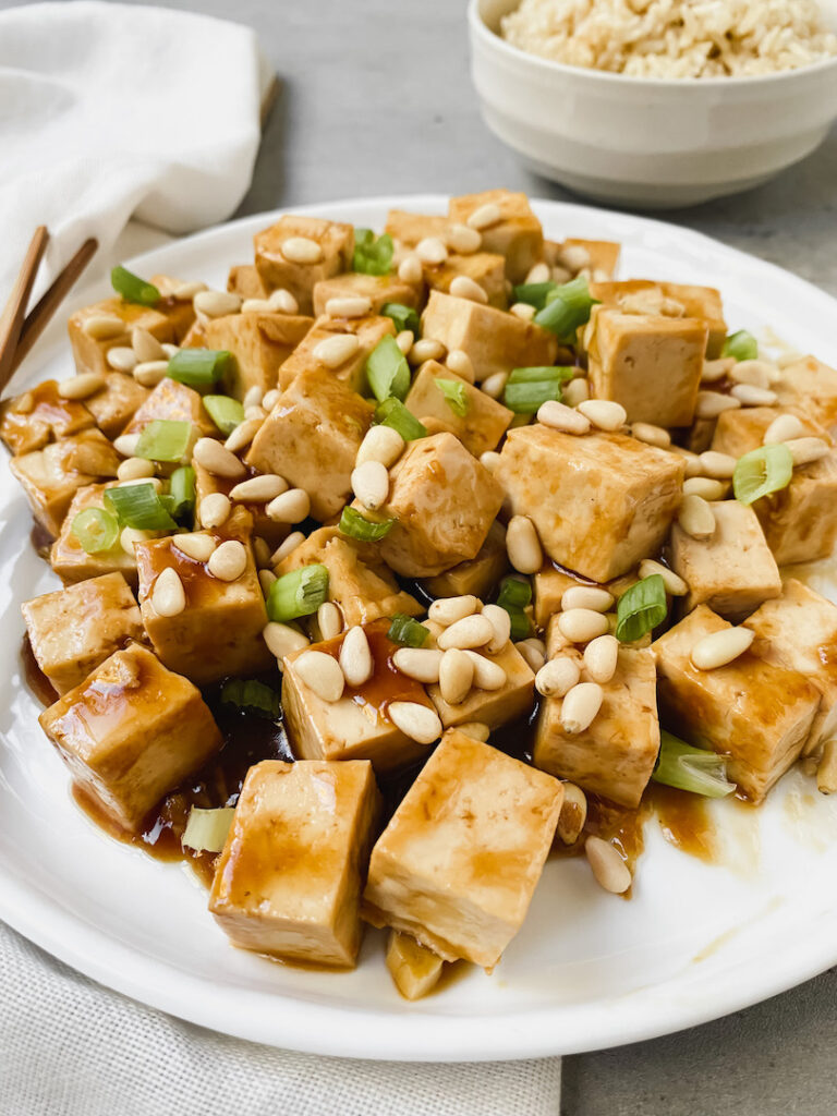 angled close up of pine nut tofu