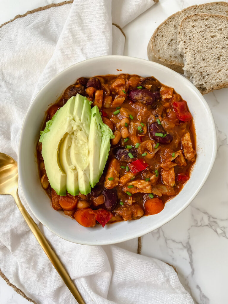 overview shot of chili and bread