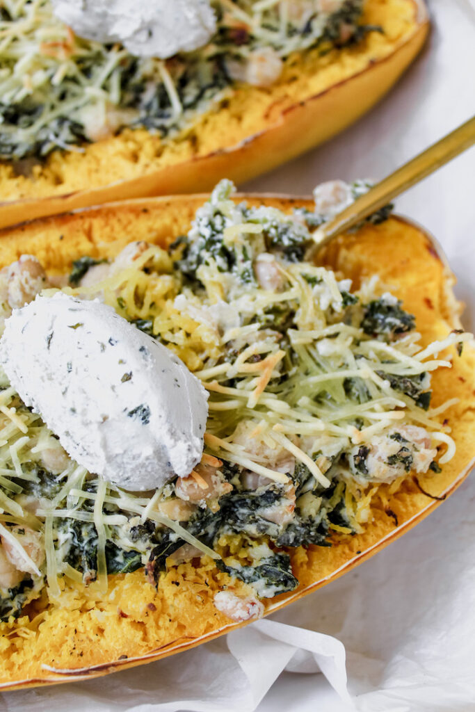 close up of the spaghetti squash mixed with the topping