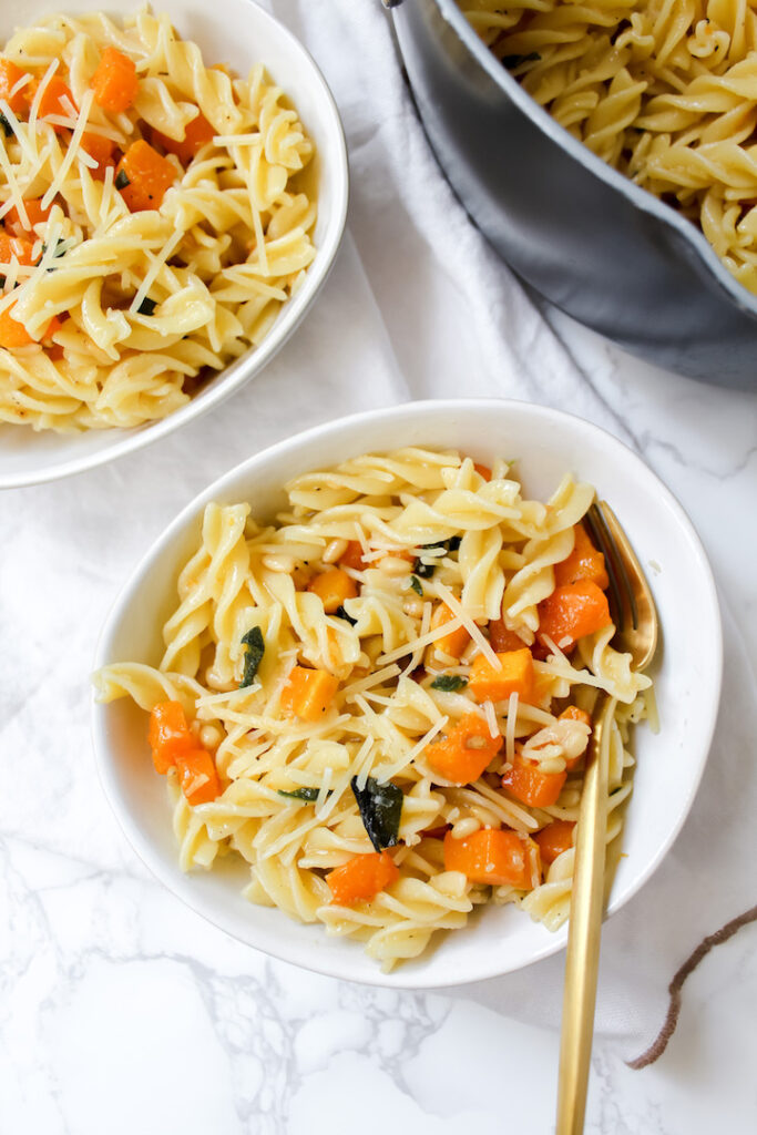 overview shot of pasta and pot