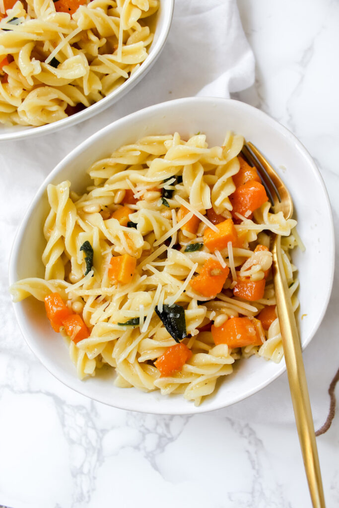 overview shot of a bowl of pasta