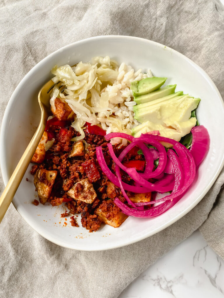 overview shot of burrito bowl