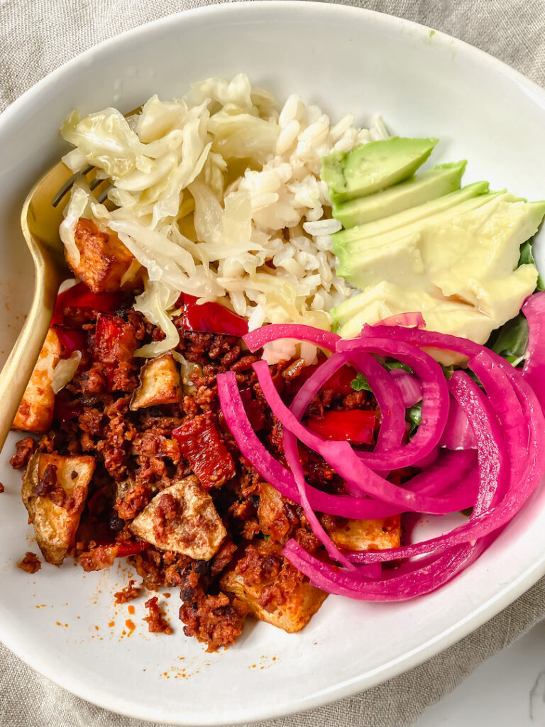 overview shot of vegan chorizo potato burrito bowl