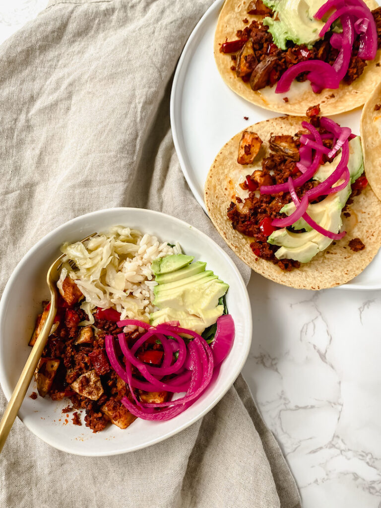 overview shot of tacos and burrito bowl