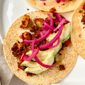 close up of vegan chorizo potato tacos