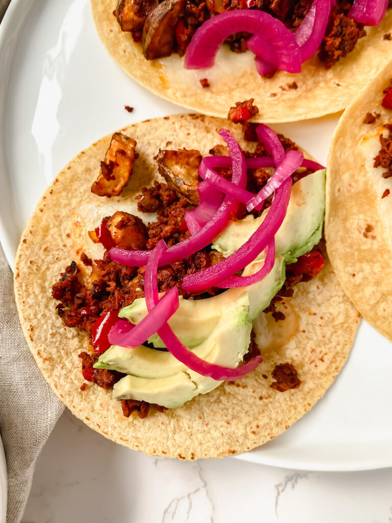 close up of vegan chorizo potato tacos