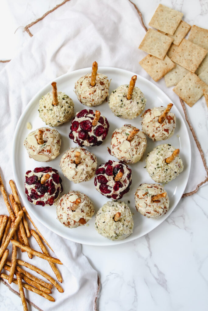 overview shot of entire plate of smoky vegan cheese ball bites