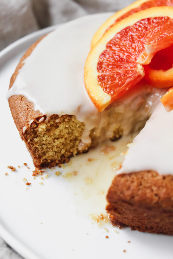 close up shot of the inside of the orange olive oil cake