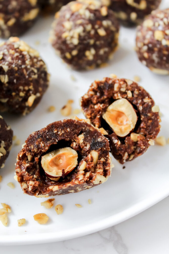 close up of ferrero rocher cut in half