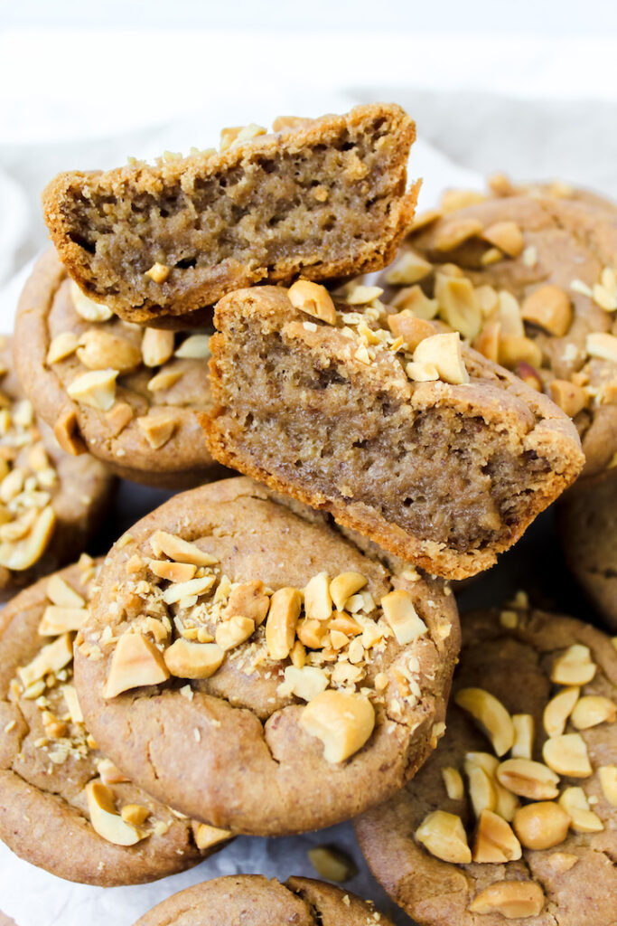 close up of the inside of a peanut butter mochi muffin