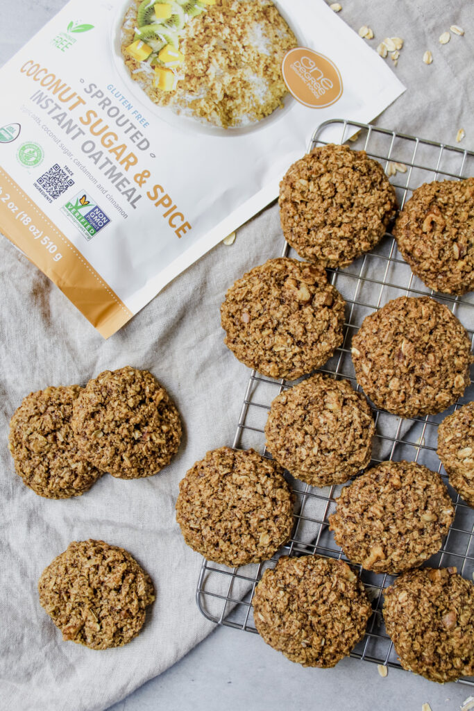 overview shot of cookies with a bag of oats next to it