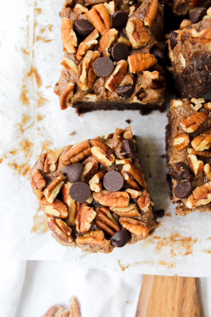 overview shot of one slice of turtle brownie