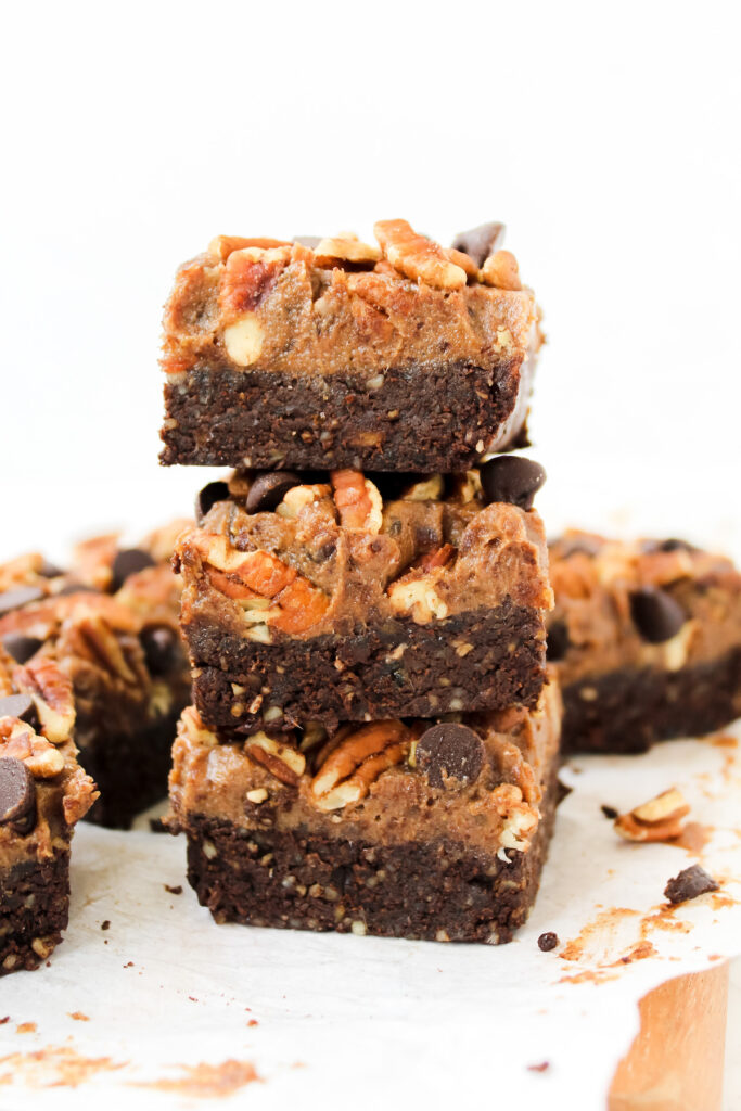 stack of no bake turtle brownies 