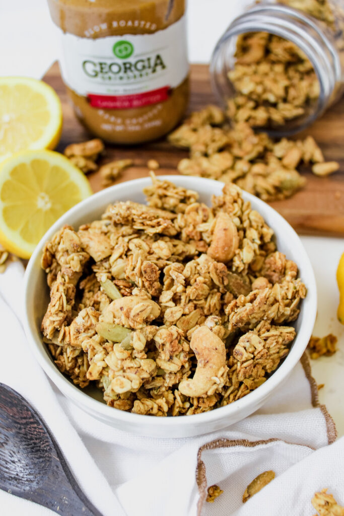 close up angled shot of bowl of lemon cashew granola