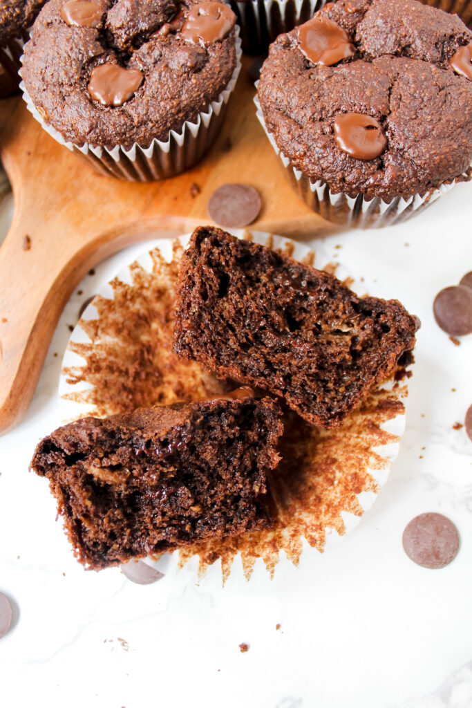 chocolate banana muffin split in half