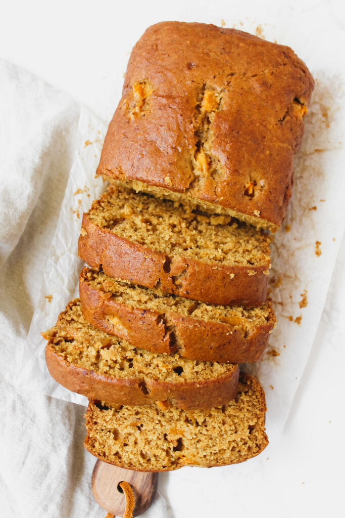 overview of mango bread with slices cut