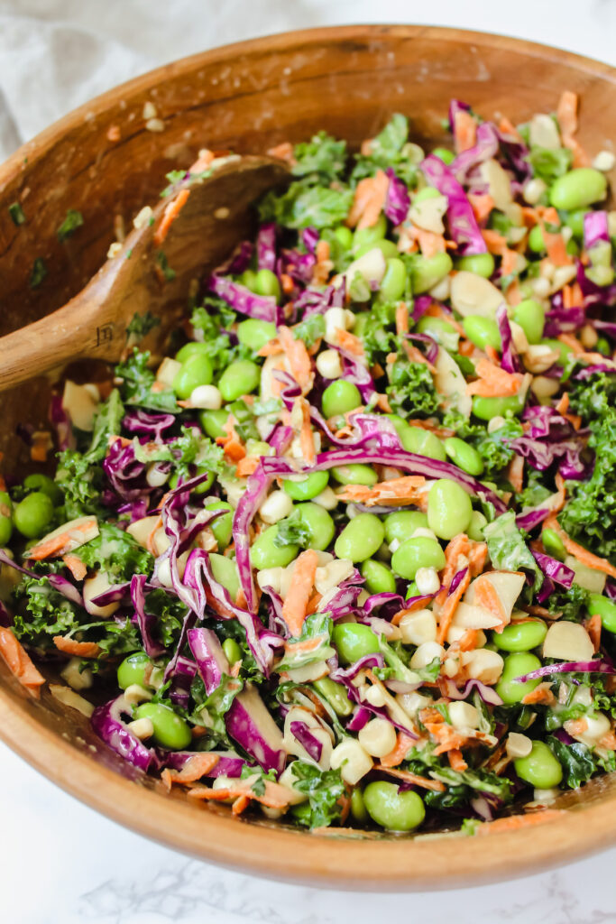 angled close up of healthy edamame crunch salad