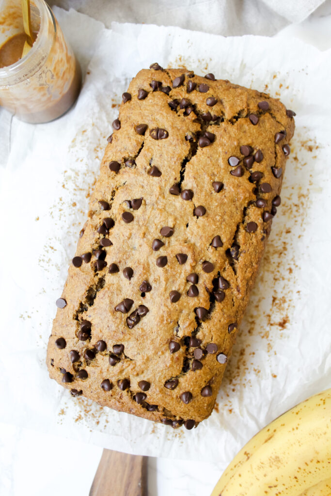 shot of entire loaf of cookie dough granola butter banana bread