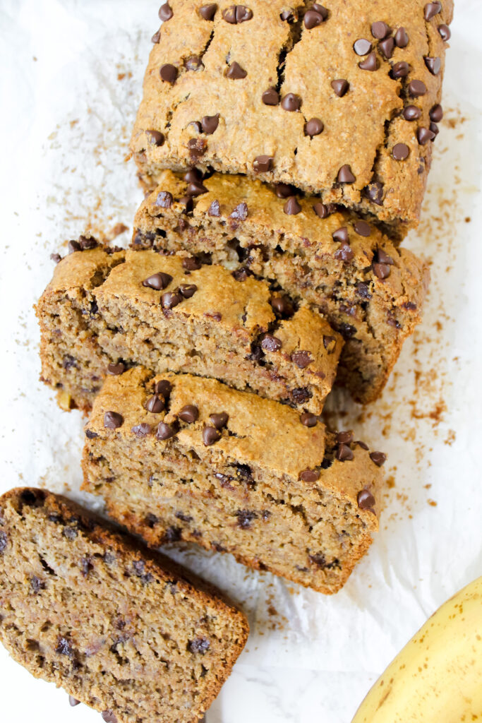 overview shot of sliced cookie dough granola butter banana bread