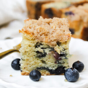 side view close up shot of a slice of vegan blueberry coffee cake on a plate