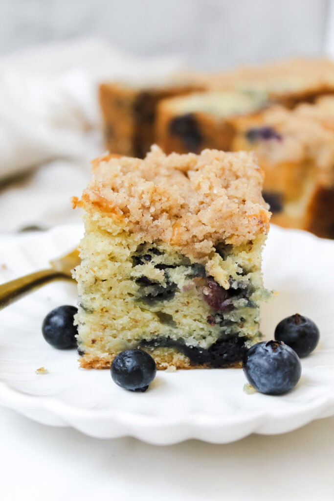 side view close up shot of a slice of vegan blueberry coffee cake on a plate