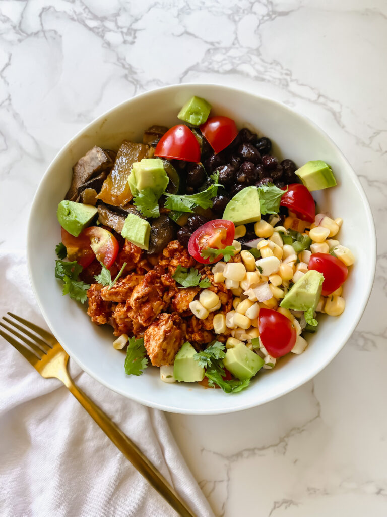 overview shot of burrito bowl with copycat chipotle sofritas