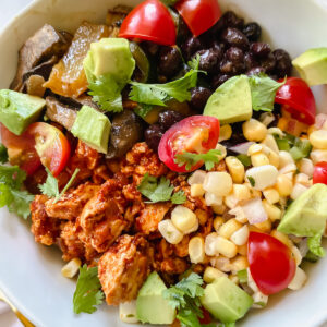 close up overview shot of burrito bowl