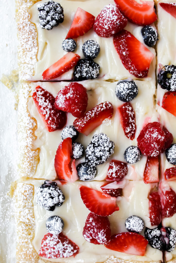 overview close up shot of sliced puff pastry tart